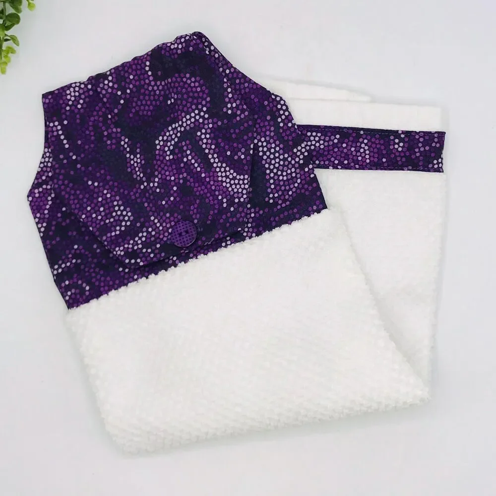 Hanging Kitchen Towel: Purple Swirled Tiny Dots Topper, Button Closure